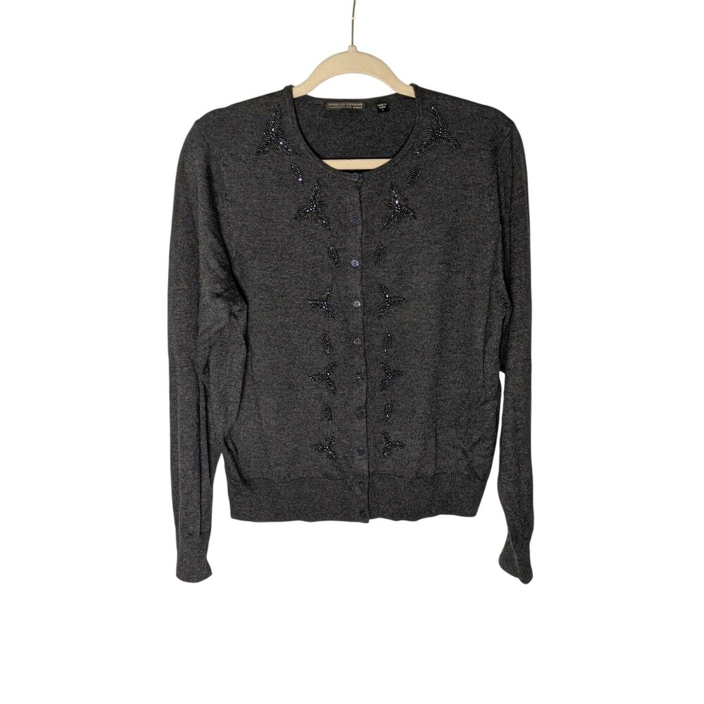 Pamela Dennis Silk Cashmere Embroidered Cardigan Sz L Sweater Gray Winter Beaded
